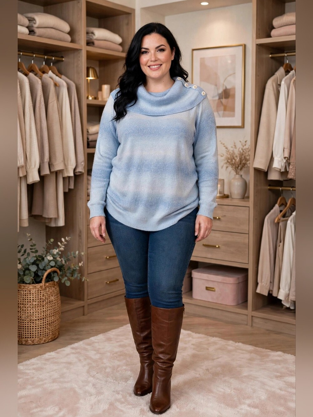 Napa Valley Blue Sparkle Ombre Cowl Neck Sweater